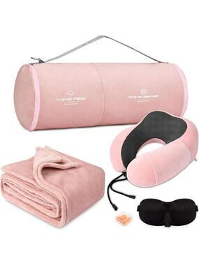 Travel Pillow Blanket Set Memory Foam Neck Support with Eye Mask for Airplane